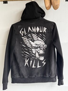 GLAMOUR KILLS FLYING SKULL DENIM HOODIE JACKET SIZE S UNISEX BLACK